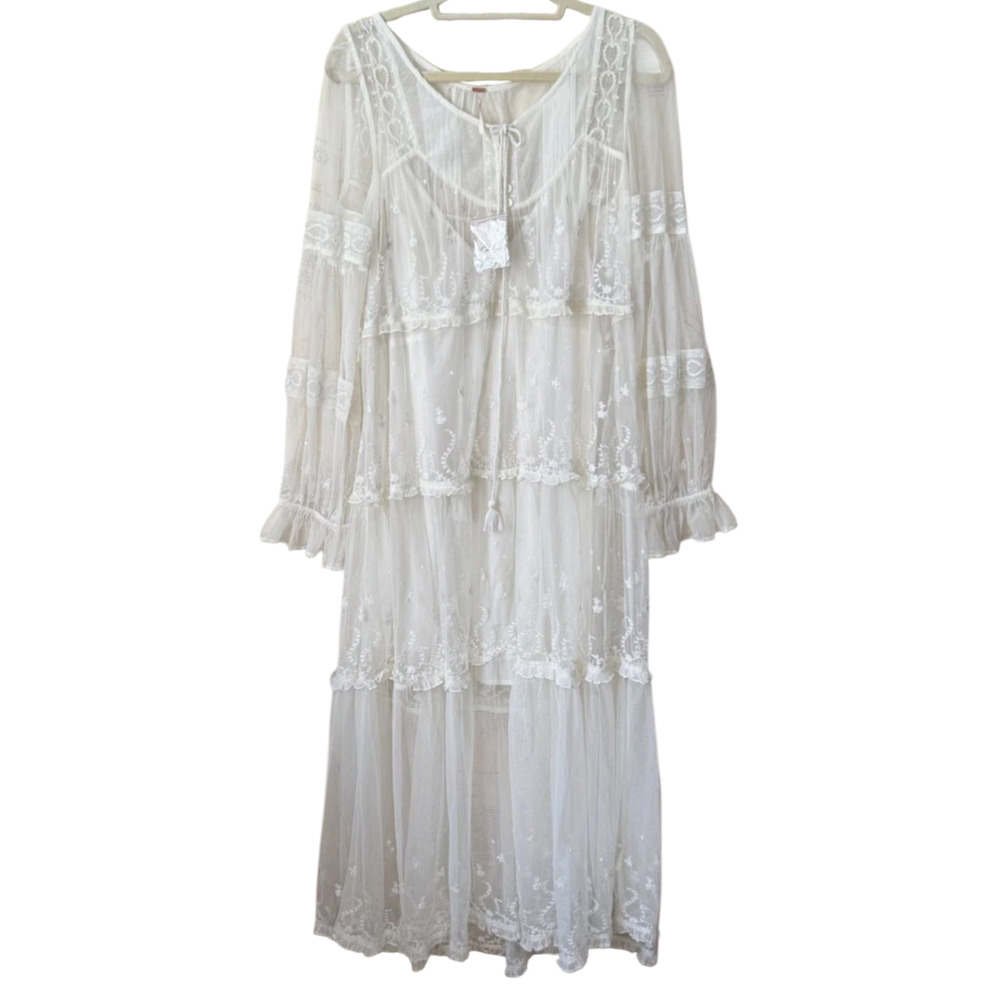 New Free People Stevie Sheer Lace Maxi Dress $228 X-SMALL Ivory Boho Embroidered - Picture 5 of 7